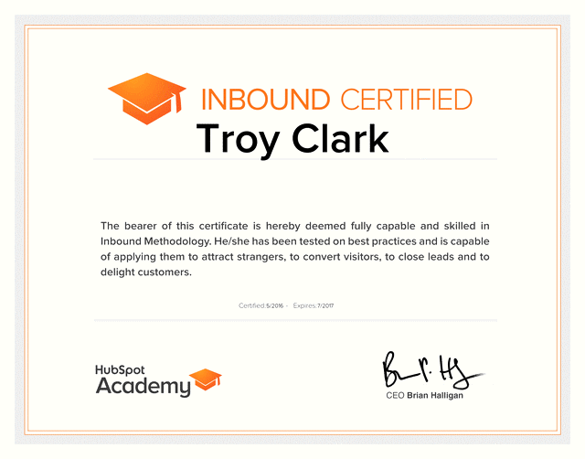 HubSpot Academy, Inbound Marketing Certified — May, 2016